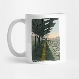 Vintage train station with steam locomotive Mug